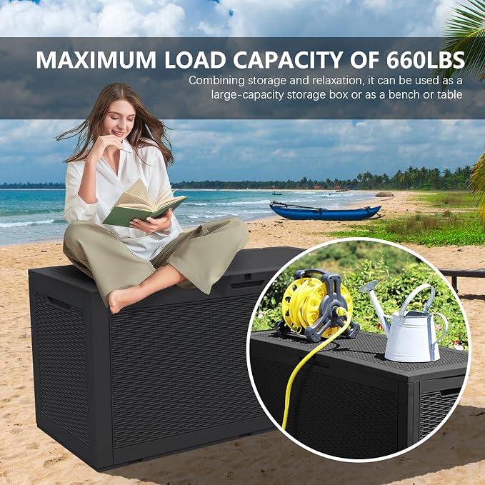 DIKEP 100 Gallon Polypropylene(PP) Deck Box Lockable Outdoor Storage Box for Patio Furniture Cushions, Garden Tools, Pool Supplies | Built-in Handles Waterproof Storage Container, Black