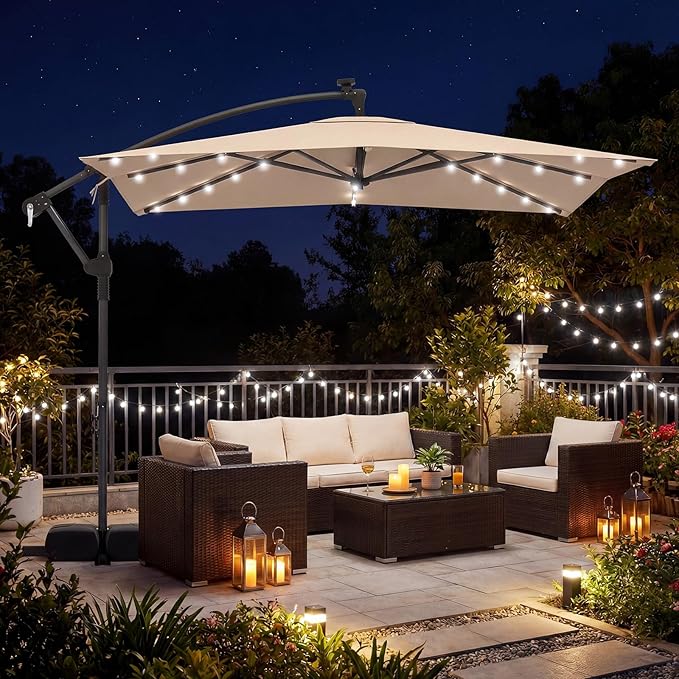 Tangkula 8x8 FT Solar Patio Umbrella with Base Included, Square Offset Cantilever Outdoor Umbrella with 360 Degree Rotation, 32 LED Lights, Crank Handle, 2 Sandbags, 8 Ribs, Air Vent for Pool Deck Garden Backyard