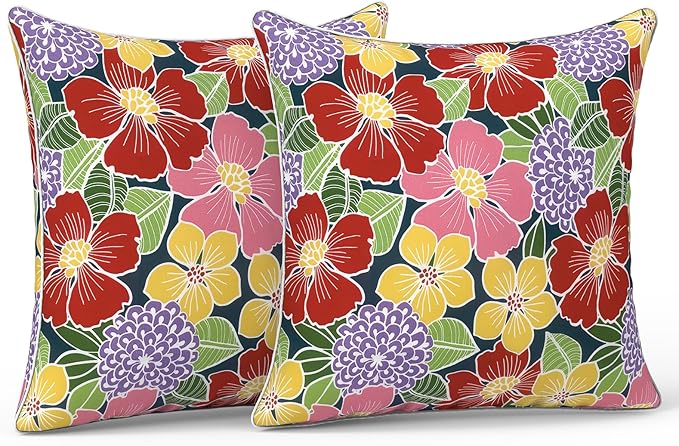 LVTXIII Outdoor Throw Pillows 20x20 Patio Waterproof Square Pillows with Piping Fade Resistant Accent Pillow for Spring Summer Garden Decoration, Set of 2, Flower Bloom
