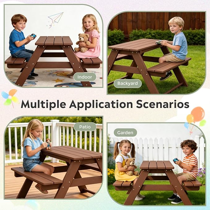 WestinTrends Malibu Outdoor Patio and Indoor Kids HDPE Plastic Picnic Bench Table, Dark Brown