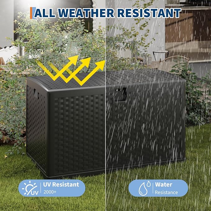 120 Gallon Large Outdoor Deck Storage Box, Waterproof UV Resistant Resin Patio Storage Bin, Lockable Heavy Duty Deck Chest Bench for Patio Cushions Garden Tools Pool Supplies, Black
