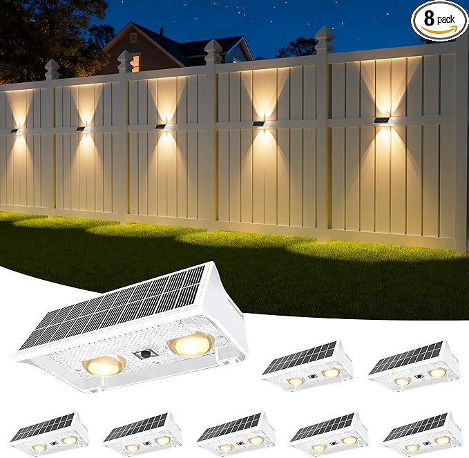 NIORSUN Solar Fence Lights Outdoor, 8 Pack Up and Down Waterproof Solar Wall Lights, Fence Lights with Lens, Warm & Cool White + RGB, Dusk to Dawn Lighting for Patio, Backyard, Pool, Railing (White)