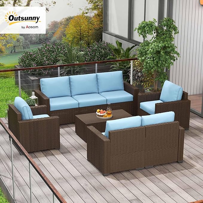 Outsunny 5 Piece Patio Furniture Set with Storage Bin Coffee Table, Wide Deep PE Rattan Wicker Outdoor Conversation Sofa Set with Cushions, Blue