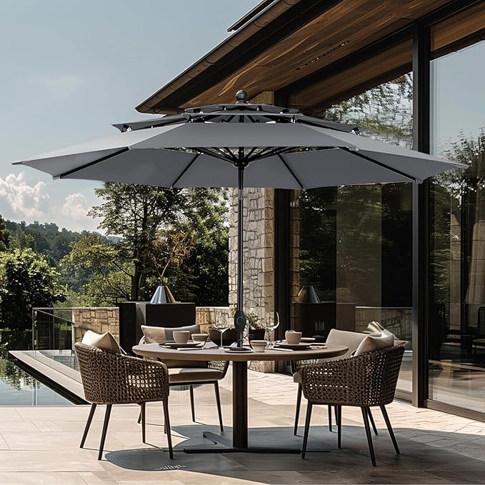 GREEN PARTY 10ft Outdoor Patio Umbrella, [Auto-Tilting] 3 Tiers Market Table Umbrellas with 1.5" Pole, 8 Sturdy Ribs, 3-Year-Non-Fading for Garden Deck Pool Backyard, Grey