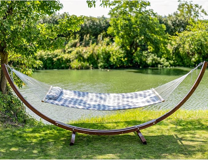 Lazy Daze 12 FT Quilted Hammock with Spreader Bar, 2-Person Double Hammock for Outside Patio Poolside Backyard Beach, 450 lbs Capacity, Gray Wave