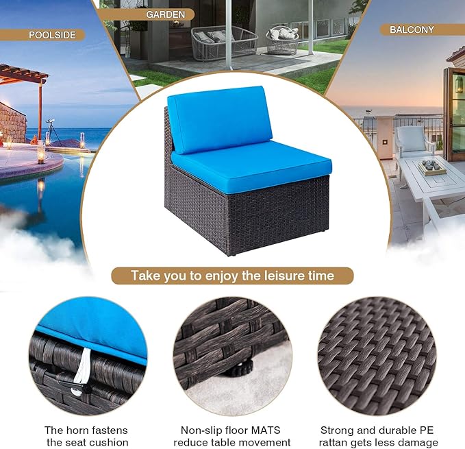 Homall 6 Pieces Patio Outdoor Furniture Sets, Low Back All Weather Rattan Sectional Sofa Manual Weaving Wicker Conversation Set with Coffee Table and Washable Couch Cushions (Blue)