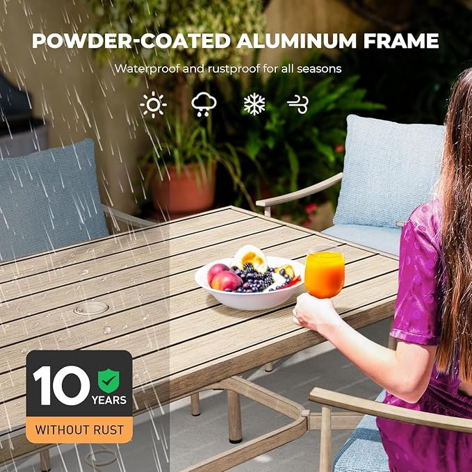HAPPATIO 9-Piece Patio Table and Chairs Set for 8, Aluminum Outdoor Dining Set with Cushions, 8 Dining Chairs, 1 Large Rectangular Table with Umbrella Hole for Lawn, Porch, Backyard, Brown