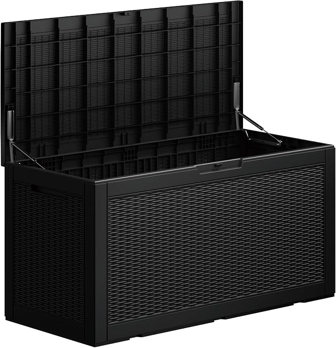 Outdoor Storage Box, 110 Gallon Resin Deck Box Waterproof for Patio Furniture, Garden Tools and Pool Accessories, Lockable UV-Resistant Storage Bin Bench Cabinet for Outside, Black