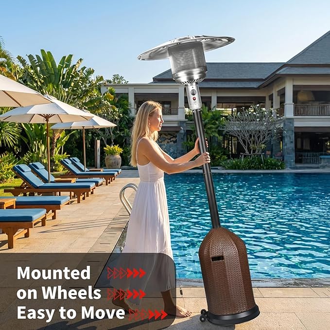 50,000 BTU Outdoor Propane Patio Heater with Wheels – Wicker-Style Propane Tank Cover, Weighted Base, Easy Ignition & Safety Tilt Shut-Off for Patio & Outdoor Living Spaces