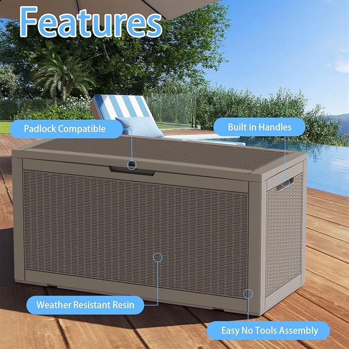Pepe Tee Waterproof Resin Deck Box, Outdoor Storage Bin for Patio Furniture Cushions, All-Weather Garden Organizer & Seating Bench, Coffee
