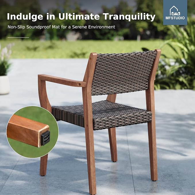 MFSTUDIO Teak Outdoor Dining Set for 8, Outdoor Wood Table and Chairs, 9 Pieces Outdoor Dining Table Set with Rattan Chairs, Wood Patio Dining Furniture Expandable Table for 8