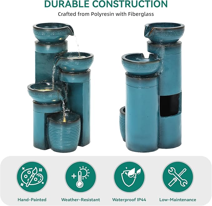 19.3" Outdoor Water Fountain with LED Lights, 4-Tier Cascading Water Feature with Pump, Turquoise Faux Ceramic Pedestal Waterfall for Garden, Patio, Yard or Porch