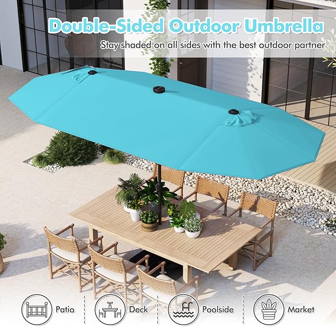HAPPYGRILL Double-Sided Patio Umbrella with Solar Lights, 13FT Large Umbrella with Base Included, Crank Handle, Market Twin Table Umbrella for Outdoor Backyard Garden Poolside