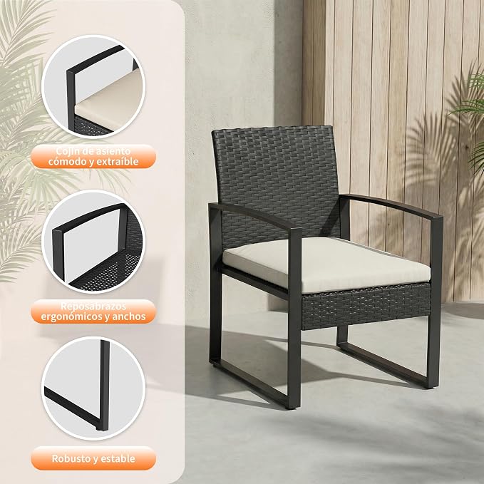IDEALHOUSE 3 Piece Outside Patio Furniture Set, Outdoor Wicker Chair Conversation Set with Glass Coffee Table, PE Rattan Patio Furniture for Backyard, Porch, Patio, Poolside (No Rocking)