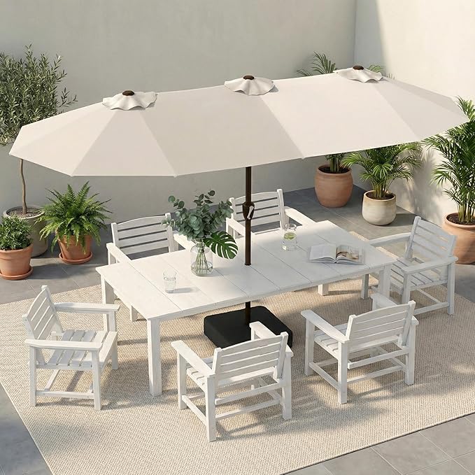 HDPE Outdoor Dining Set for 6, 7-Piece Outdoor Dining Table Set with 15FT Patio Umbrella, Patio Table and Chairs Set with Aluminum Frame & Legs (White)