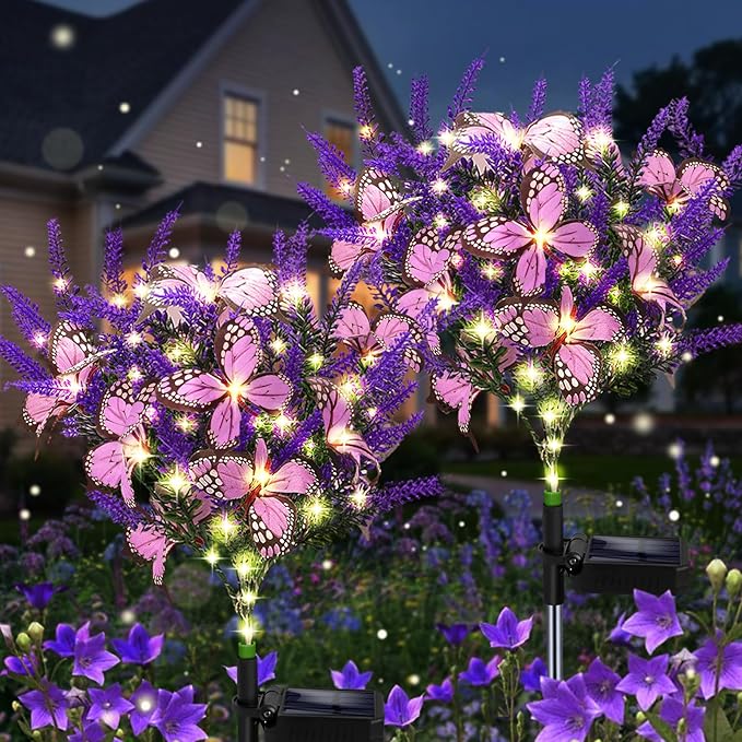 Solar Garden Lights Outdoor, 2 Pack Solar Butterfly Lights Purple Lavender Gardening Gifts for Women, Artificial Flower with Butterfly Purple Garden Decor for Lawn Patio-Warm White