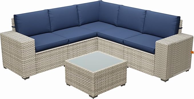 6 Piece Patio Furniture Set, 8" Wide Arm Sectional Sofa Set with Coffee Table, High-Back All-Weather Rattan Outdoor Conversation Set for Garden, Porch, Lawn, Blue