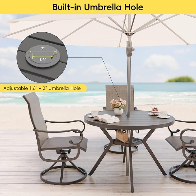 Betterhood 42” Outdoor Patio Table, Metal Patio Dining Table for All Weather, Round Outdoor Coffee Table, Patio Table with Adjustable Umbrella Hole or Garden, Backyard and Porch
