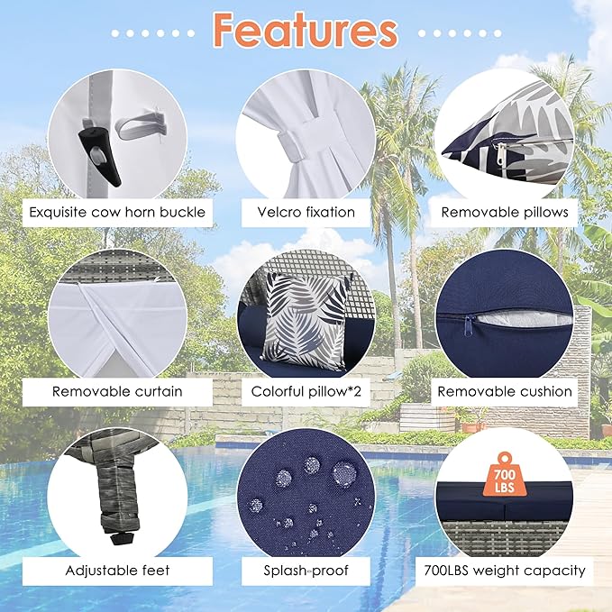 90.5" Outdoor Sunbed with Tent, Rattan Wicker Patio Daybed with Cushions and Colorful Pillows, Tent Shape Daybed, Patio Sunbed for Garden Patio Outdoor Poolside, Gray and Blue