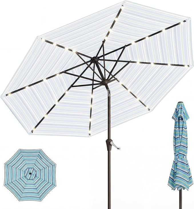 9' Solar LED Patio Umbrella with Tilt & Crank|8 Sturdy Ribs,UV Protection,Outdoor Market Table Umbrella for Deck,Lawn,Pool,Backyard (Blue Green Stripes)