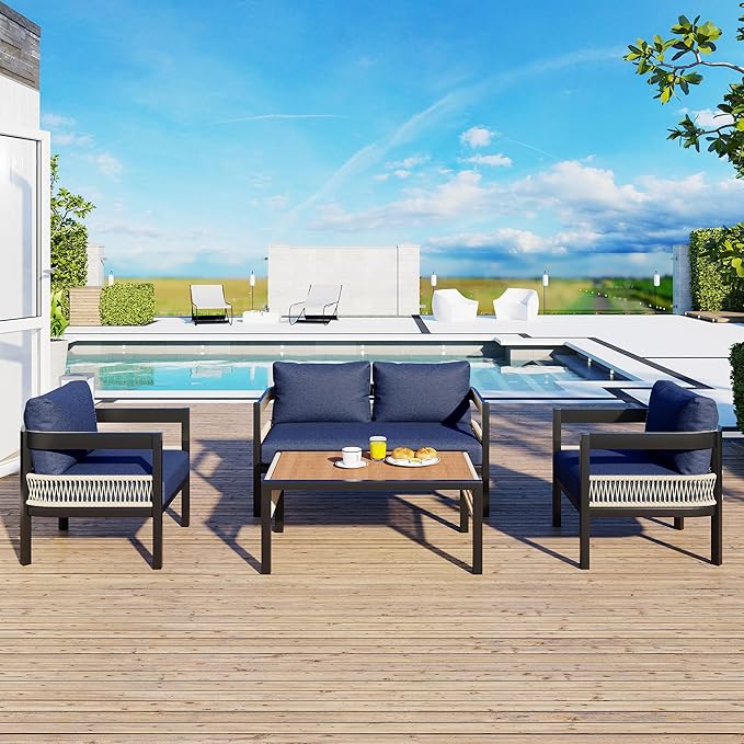 4 Piece Outdoor Iron Sofa Set with A Table, PE Rattan Patio Furniture Sets with Double and 2 Single Seats, Multi-Person Conversation Set for Garden, Lawn Use (Dark Blue/92)