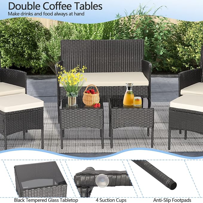 Tangkula 7 Piece Patio Rattan Sofa Set, Wicker Furniture Set with 2 Side Tables and 2 Ottomans, Solid Metal Frame, Soft Cushions, Outdoor Wicker Conversation Set for Front Porch, Poolside