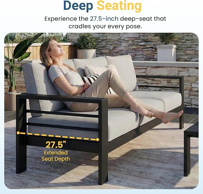 Wisteria Lane Aluminum Patio Furniture Set for All Weather, Oversized Metal Outdoor Furniture Set with 27.5" Deep Seat and Thick Back Cushion, Patio Conversation Sets with Wide armrest, Light Gray