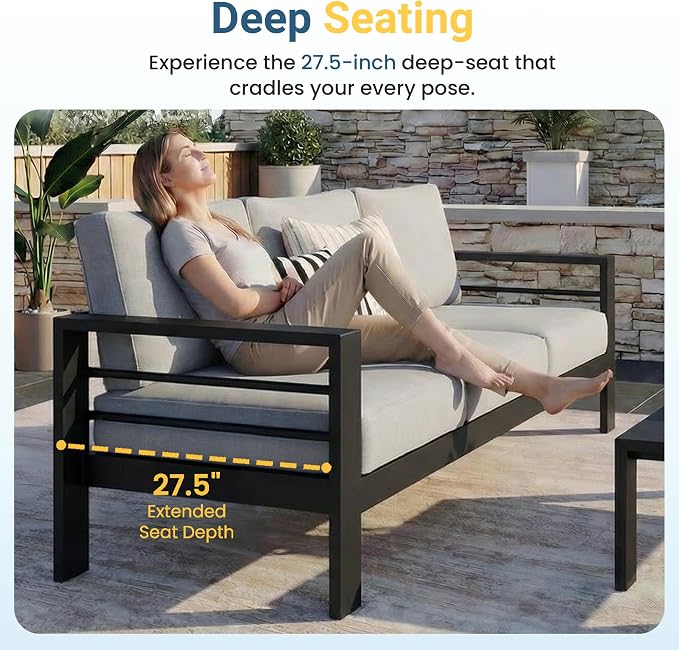 Wisteria Lane 5 Pieces Aluminum Patio Furniture Set with Umbrella, All Weather Oversized Outdoor Furniture Set with Deep Seat and Back Cushion, Patio Conversation Sets Wide armrest, Light Gray & Gray
