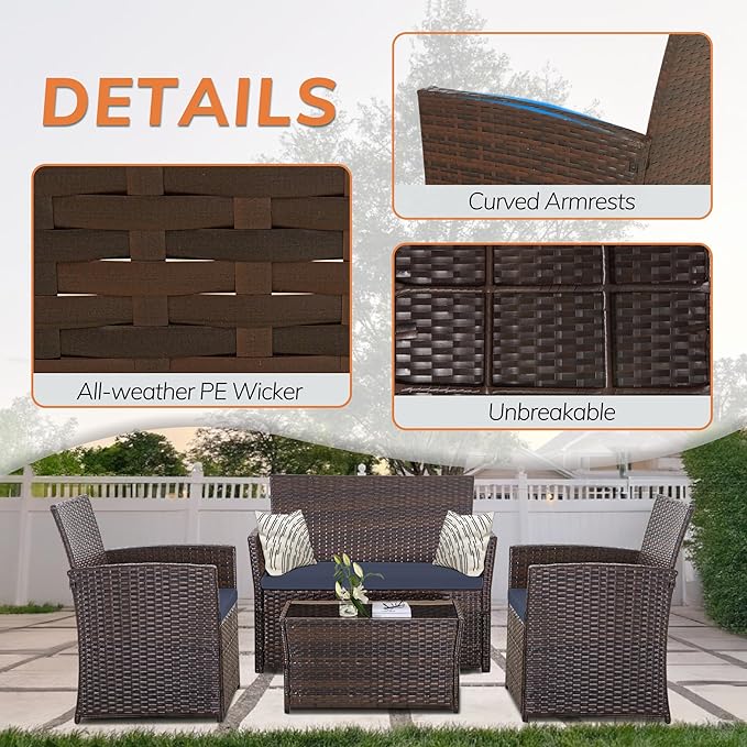 4 Piece Patio Furniture Set, Outdoor Wicker Conversation Set, Rattan Sectional Sofa Couch with Glass Coffee Table & Thick Cushion for Backyard, Porch, Garden, Poolside, Brown/Blue