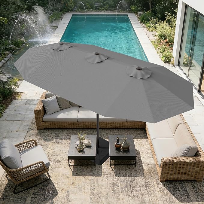 AreShark 15ft Patio Umbrella with Base, Double Sided Outdoor Umbrella with 12 Fiberglass Ribs, Large Outdoor Umbrella for Garden, Pool, Deck, Backyard & Market, Grey