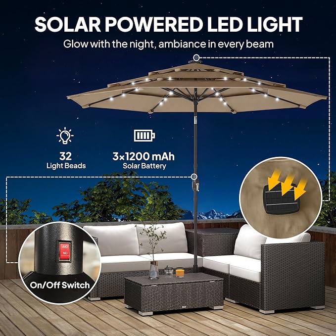 Outsunny 9.7 ft Outdoor Patio Umbrella with 32 Solar LED Lights, 3 Tier Outdoor Table Market Umbrella with Tilt and Crank, 8 Ribs for Garden, Deck, Yard, Poolside