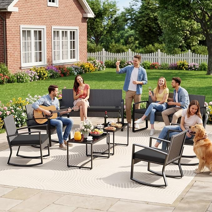 Ahomly 8 Piece Outdoor Patio Furniture Set, Wicker Patio Furniture with Glass Coffee Table, Modern Rattan Rocking Chairs Conversation Set, for Porch, Garden, Lawn,Black Cushion