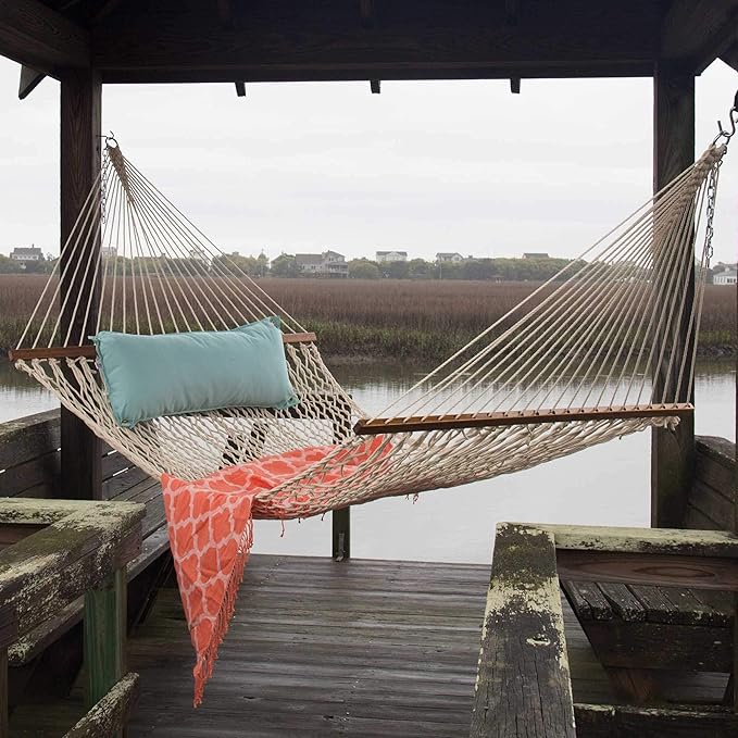 Original Pawleys Island Large Oatmeal DuraCord Rope Hammock – 13 ft. x 55 in., 2-Person, 450 lb Capacity, Oak Spreader Bar, Zinc-Plated Hardware, Handcrafted in the USA