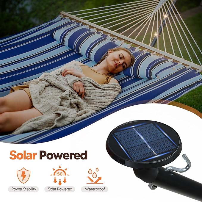 SUNCREAT Double Backyard Hammock with Solar Powered Lights for Outside, 475 lbs Capacity, Heavy Duty Self Standing Hammock with 12 ft Stand, Blue