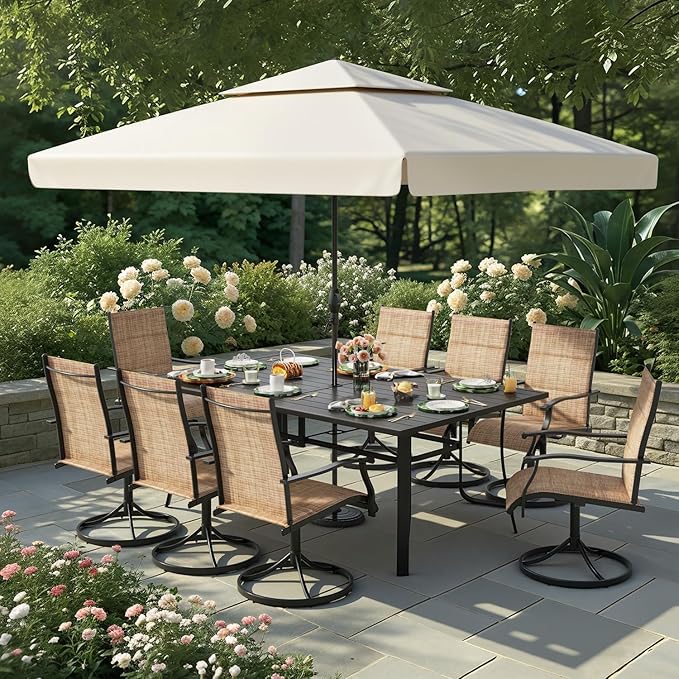 9 Pieces Patio Table and Chairs Set, 75.6" Metal Dining Table with Umbrella Hole,8 High Back Textilene Swivel Chairs,Dining Table Set for 8, Outdoor Furniture for Porch Deck Yard Balcony, Brown