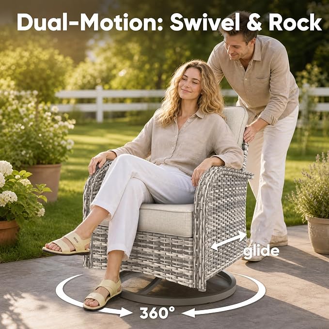 3-Piece Small Patio Furniture Set, Outdoor Swivel Rocking Chairs Set with Wicker Chairs and Tempered Glass Side Table, Outdoor Furniture Patio Bistro Set for Balcony, Deck, Porch
