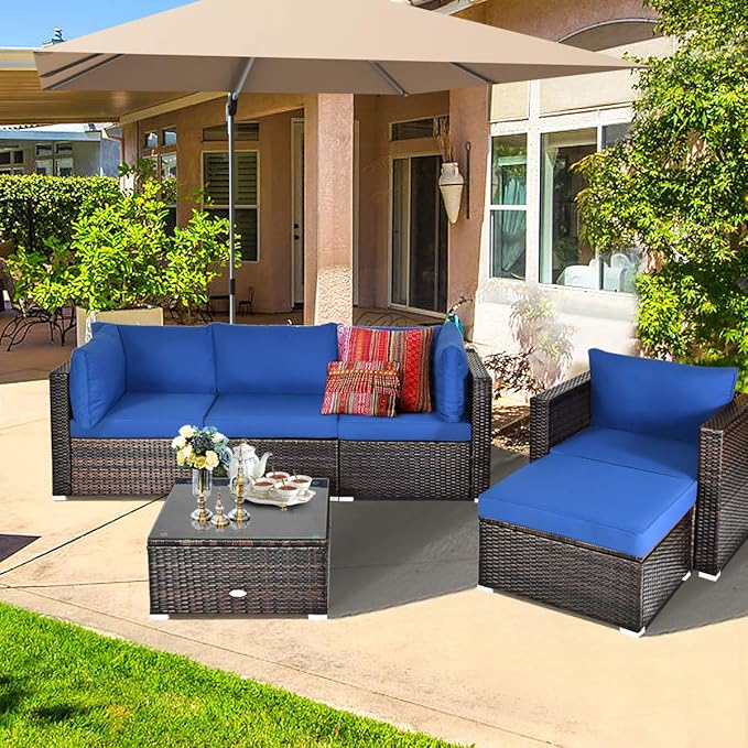 HAPPYGRILL 6-Pieces Patio Conversation Set Outdoor Rattan Wicker Furniture Set, Sectional Sofa Set with Glass Coffee Table Top, Ottoman, Cushions for Backyard Couch Garden Poolside Balcony