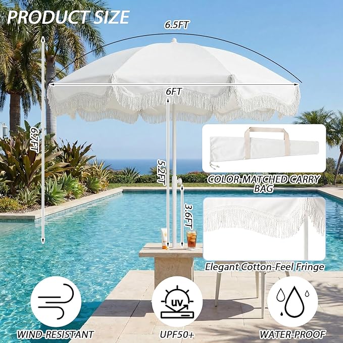 Boho Fringe Beach Umbrella with Extra Large Picnic Blanket Set, 6.5Ft UPF50+ Tassel Ruffles Umbrella 71"x 91" Picnic Blanket for Beach Wedding Bridal Shower Birthday Party Patio Lawn