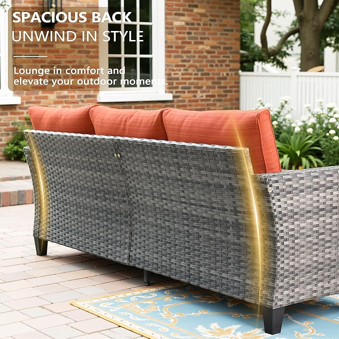 Patio Furniture, All Weather Wicker 6 PCS Outdoor Sofa with High Back Swivel Rocker Chairs, Conversation Set with Solar Light Coffee Table,Light Rattan Red Cushion