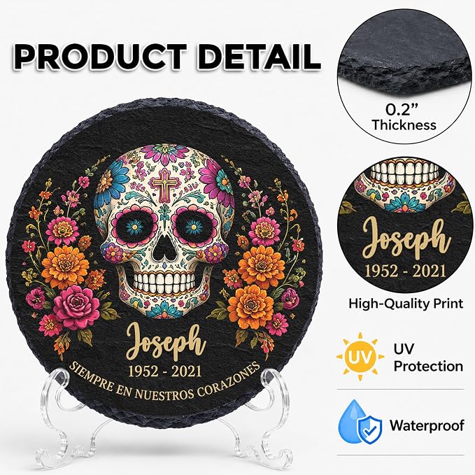 Personalized Sugar Skull Memorial Garden Stone, Dia de los Muertos Garden Stones for Loss of Loved Ones, Bereavement Sympathy Gift, Grieving Gifts, Weatherproof Outdoor Memorial Natural Stone