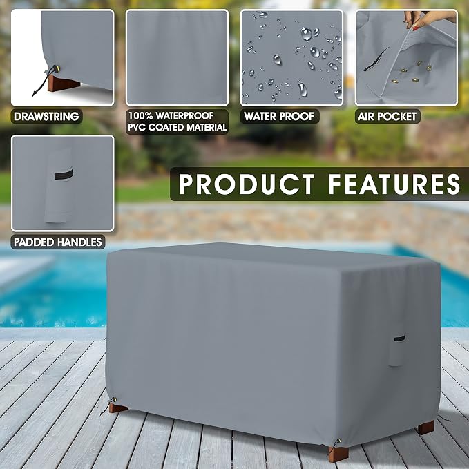 Covers & All Patio Deck Box Cover - Heavy Duty 18 Oz Waterproof Outdoor Yard Cushion Storage Box Protection 100% Weather Resistant with Air Pockets and Drawstring. (62" W X 25" D X 28" H, Grey)