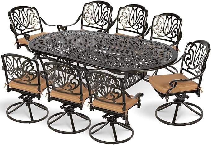 MEETWARM 9-Piece Outdoor Patio Dining Set, All-Weather Cast Aluminum Patio Conversation Set for Backyard Garden Deck with 8 Cushioned Swivel Rocker Chairs, 1 Oval Table, 2" Umbrella Hole