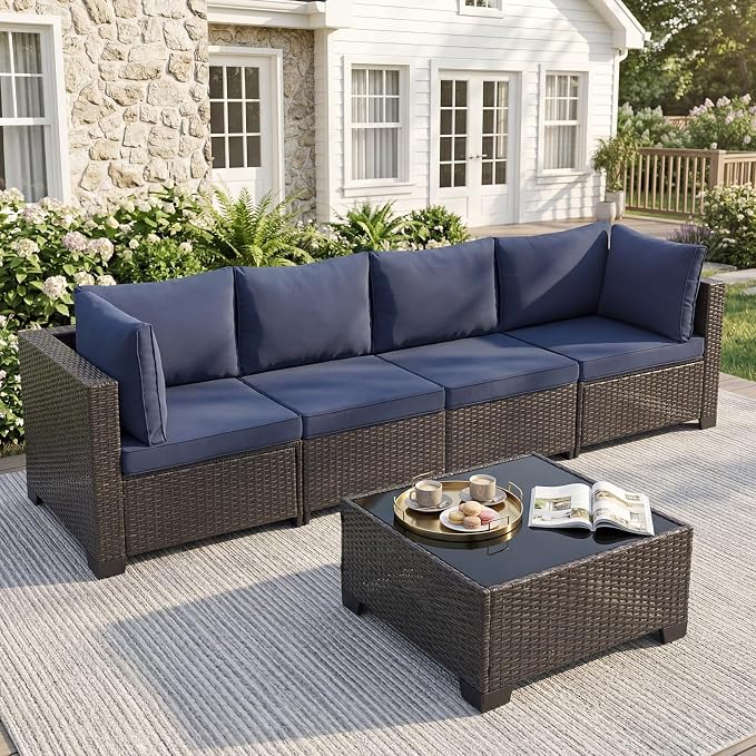 ANJ 5 Piece Outdoor Wicker Patio Furniture Set, Modular Loveseat Sofa with with Glass Top Coffee Table, All-Weather Rattan Conversation Couch Set for Balcony, Backyard, Dark Brown Wicker-Blue