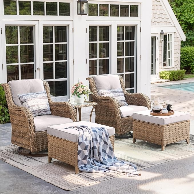 5 Pieces Patio Furniture-PE Wicker Outdoor Swivel Rocker Patio Chairs with Side Table Ottomans Outdoor Conversation Set for Porch Deck Balcony Garden-Yellow/Beige