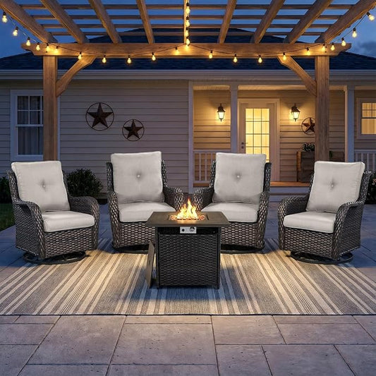 Wicker Patio Furniture Set- 4 Pieces Outdoor Swivel Rocker Chairs with 50,000 BTU Fire Pit Table,PE Rattan Outdoor Conversation Set for Garden Porch Deck