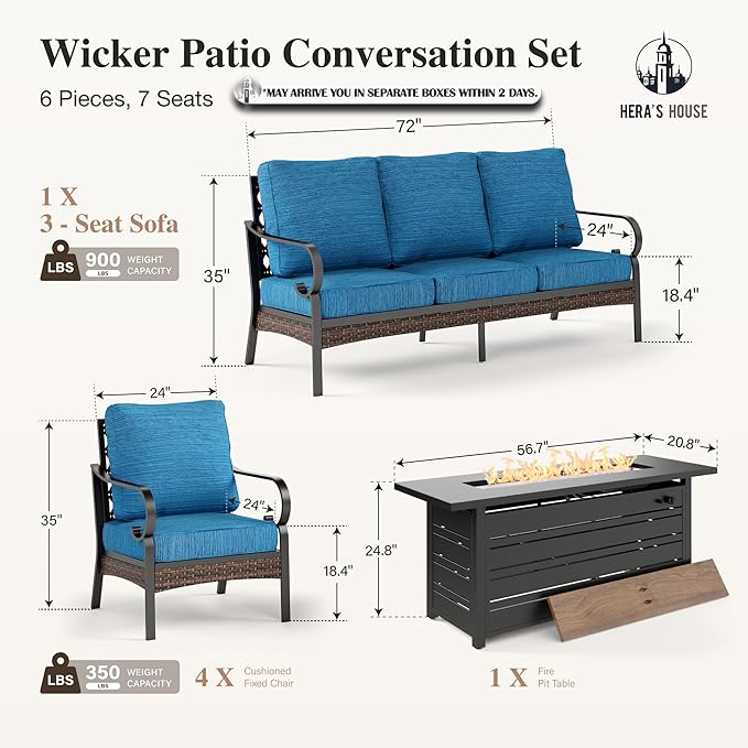 HERA'S HOUSE 6 Piece Metal Patio Furniture Set with 56" Fire Pit Table, All Weather Outdoor Conversation Set, 3 Seat Sofa, 4 Fixed Chairs with Cushion, Seats 7 for Backyard, Garden, Deck, Pacific Blue