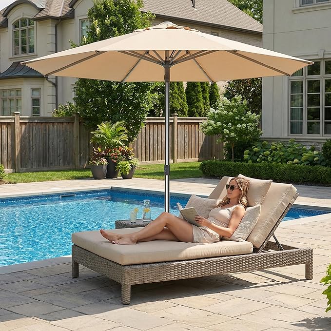 PURPLE LEAF 10FT Commercial Round Patio Umbrella Semi Auto Heavy Duty 1.9 Inch Aluminum Pole Wind Resistant for Business Restaurants Hotels Cafes Poolside Garden Deck Beige