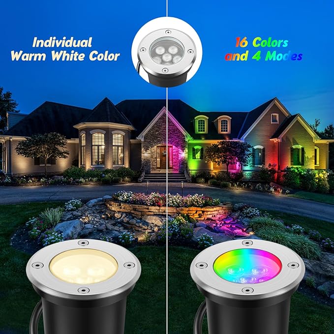 Junview Low Voltage Landscape Lights Christmas 10W RGBW Warm White LED Well Landscape Lighting Waterproof Outdoor 12V-24V Pathway Deck Ground Garden RGB Christmas Well Lights (2)
