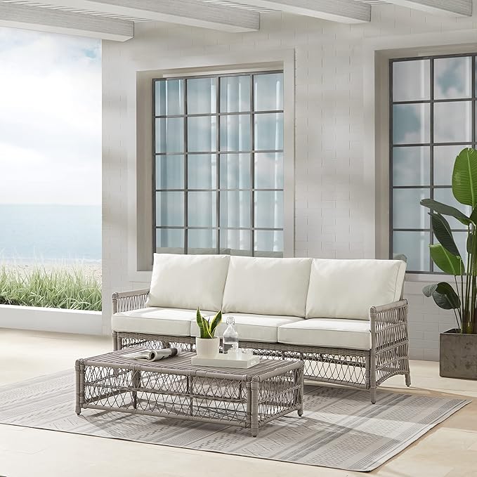 Crosley Furniture Thatcher 2-Piece Outdoor Sofa Patio Furniture Set, Wicker Conversation Sets for Porch, Driftwood with Creme Cushions