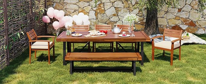 GO Outdoor 7-Piece Acacia Dining Set with Cushions, Ergonomic Chairs, Thick Table, Adjustable Feet for Patio Deck